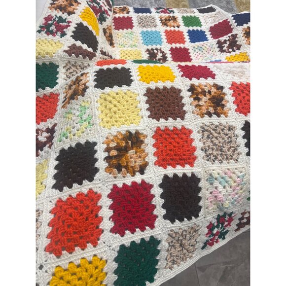 Vintage Handmade Multicolor Granny Square Crochet Afghan Blanket Throw
